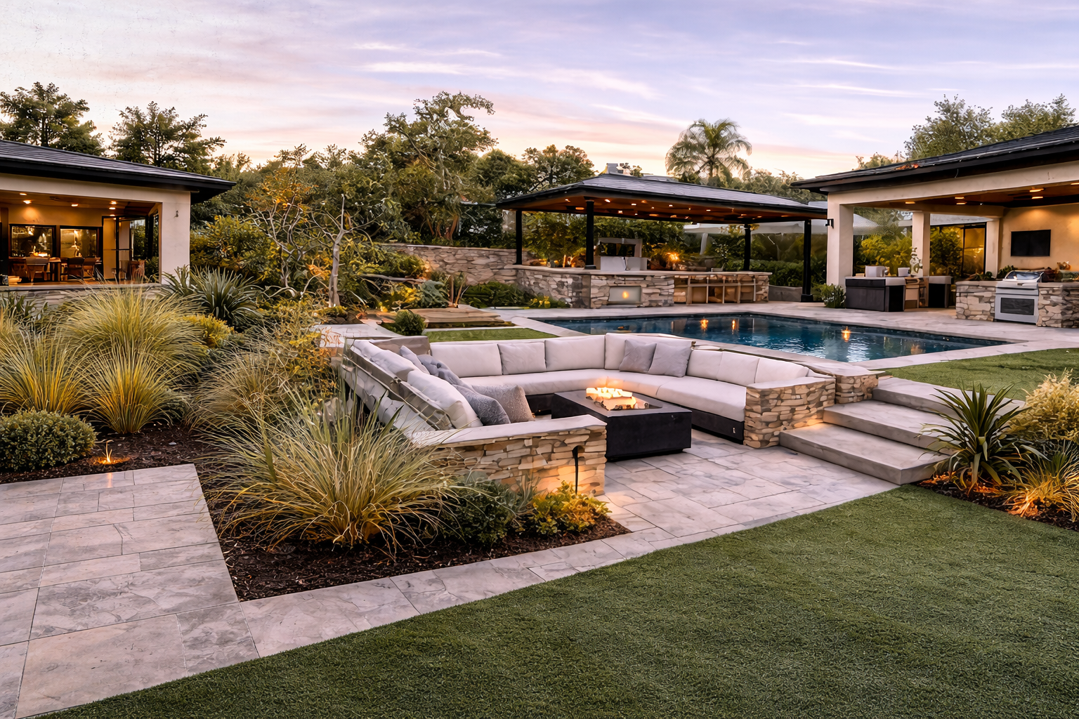 Luxury backyard outdoor living space Los Angeles — artificial turf, travertine patio, pergola